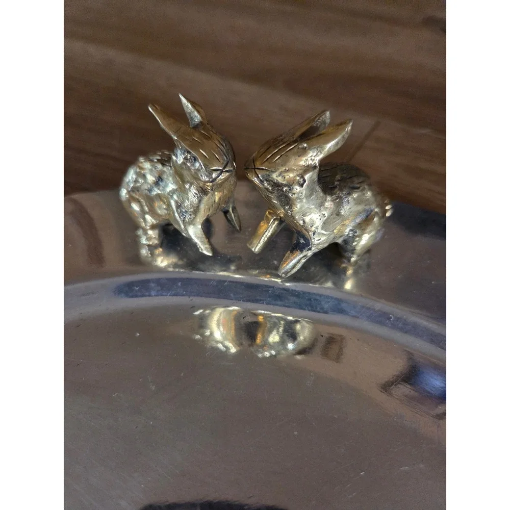 90s Hecho en Mexico Silver Platter with Brass Bunny Rabbits Round Charger